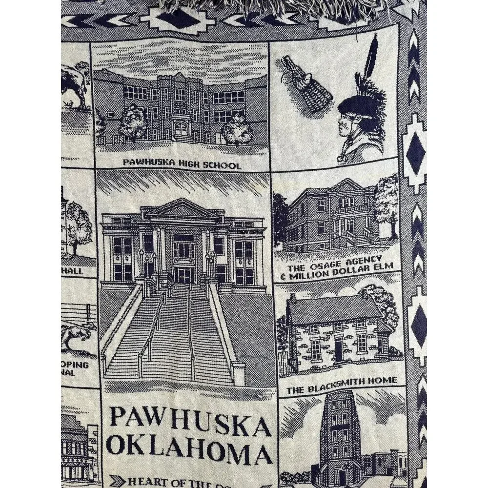 VTG Pawhuska Oklahoma Tapestry Throw Osage County NAVY BLUE 45x64, Fringe READ